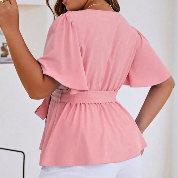 Plus Colorful Surplice Butterfly Sleeve Belted Blouse - Picture 5 of 6